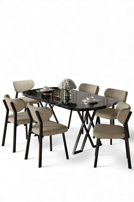 Hanah Home Axton Juego de Mesa y Sillas de 7 Piezas, Mármol Negro y Capuchino